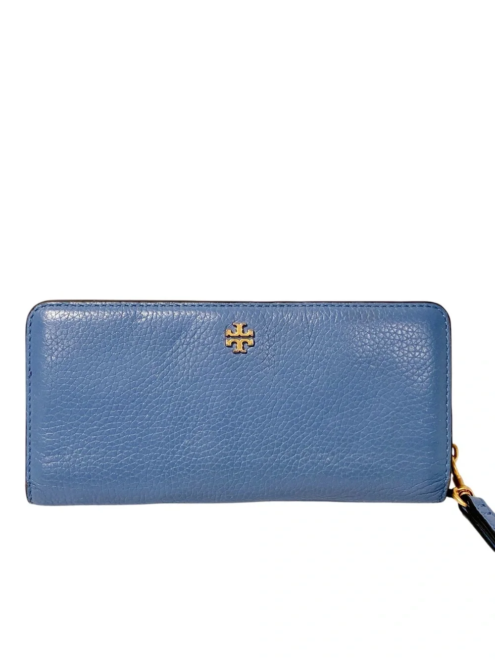 Tory Burch Blue Pebbled Leather Robinson Wallet Snap Button